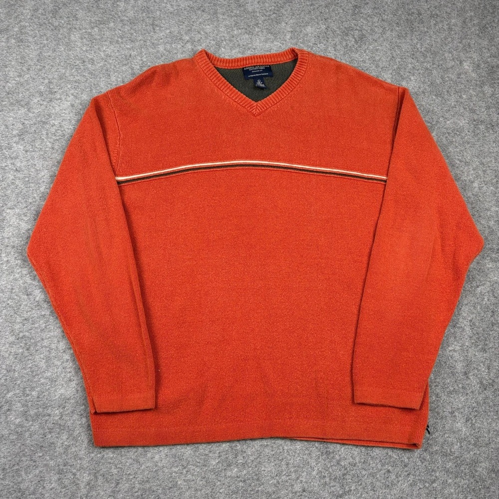 American Eagle Sweater Mens‎ L Orange V-Neck Striped Long Sleeve Knit Pullover